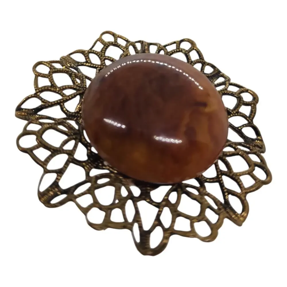 Vintage Lucite Hat Pin Brown Cabochon Filigree Art Glass Bead Long Estate Ornate
